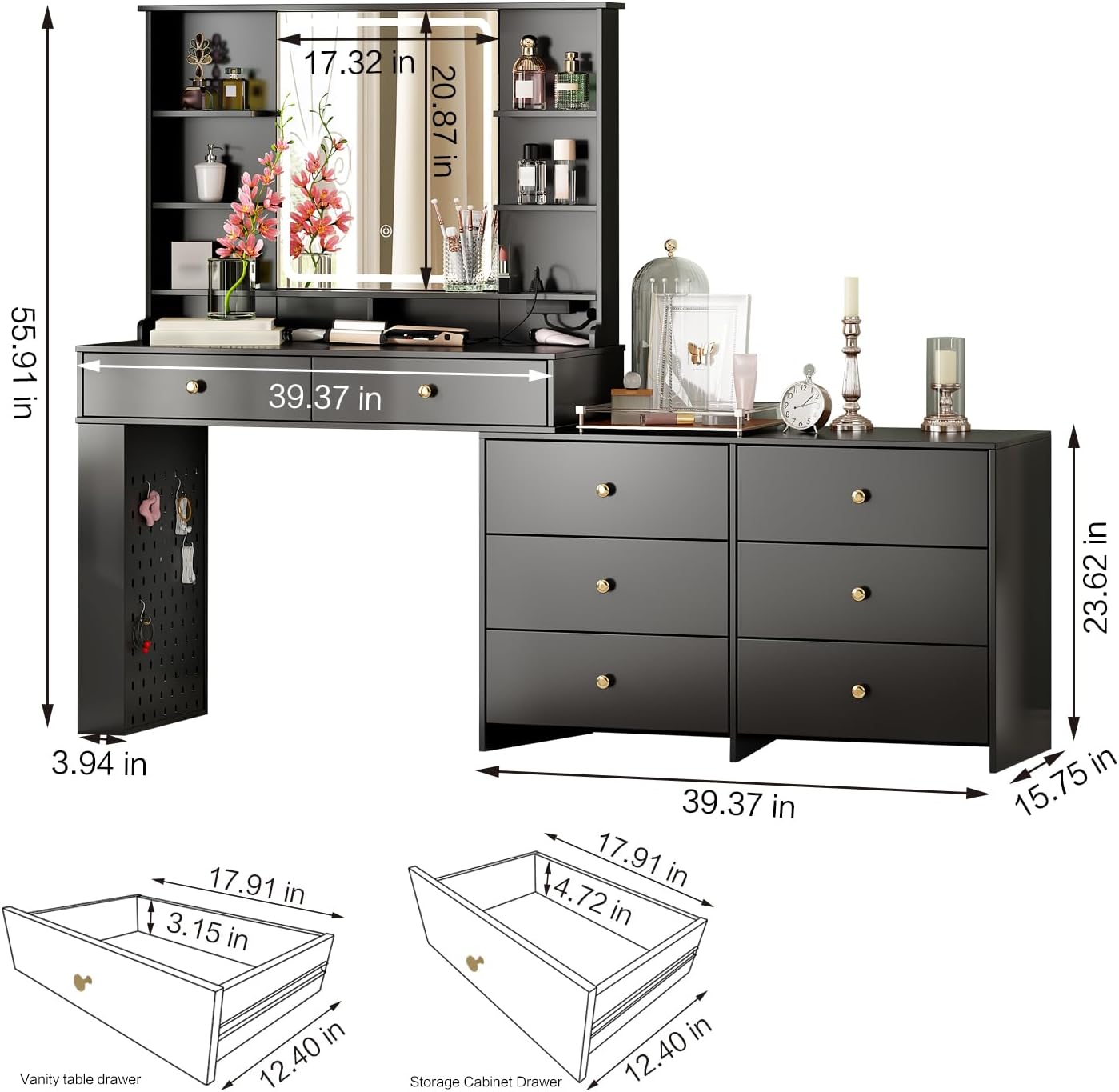 Large Makeup Vanity Desk with Mirror and Lights, Vanity Desk with 8 Drawers & Storage Shelves, Vanity Table with Power Outlet, 3 Color Modes & Adjustable Brightness Dressing Table, Bedroom,Black