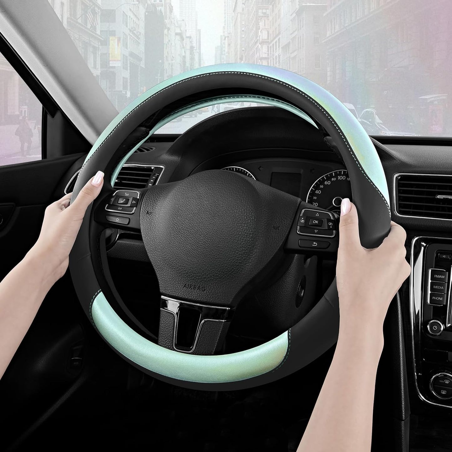 Road Comforts Steering Wheel Cover – Breathable Leather Steering Wheel Cover, Anti-Slip Grip, Universal Fit 14.5” to 15”, Heat & Cold Resistant for Cars, SUVs, and Trucks – Black & Shining Light Blue
