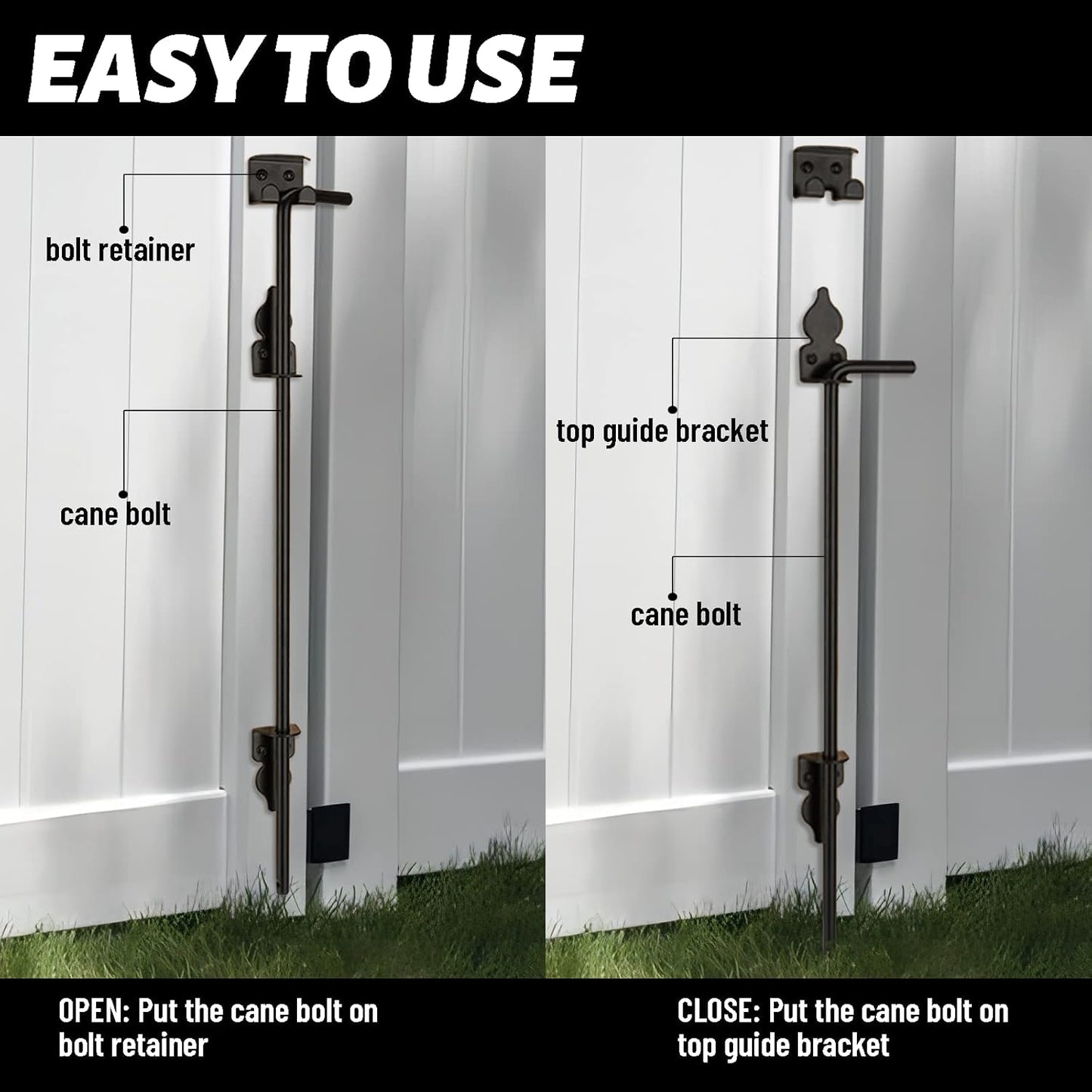 24" Heavy Duty Cane Bolt Gate Drop Rod Hardware Ground Latch for Wood PVC Vinyl Metal Fences Gates, Double Doors, Black Solid Steel -1 Pack