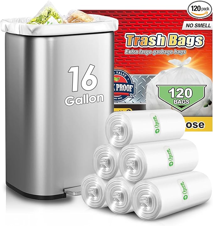 16 Gallon 120 Counts Strong Tall Kitchen Trash Bags,Fit 13,15,16,18,20Gal,Garbage Bags by Teivio, Unscented,Bin Liners, Plastic Bags for home,for Bathroom,Office,Industrial,Commercial, Clear