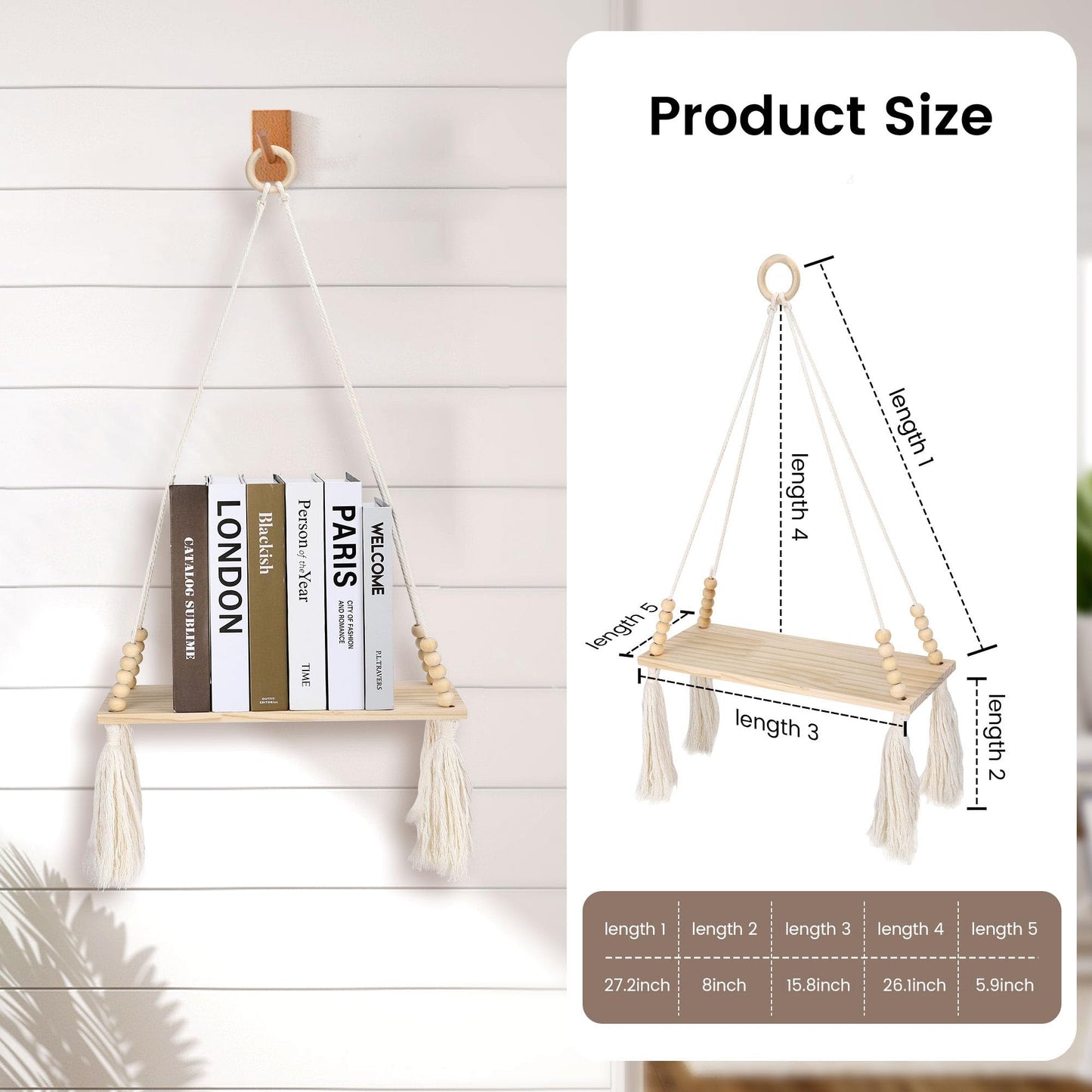 Chissen Bohe 2 Pack Wooden Wall Hanging Shelves, Macrame Plant Wall Shelf with Tassel, Storage Floating Shelves for Books Photos,Wall Shelves for Living Room,Bedroom, Handmade Stand Holder Home Decor