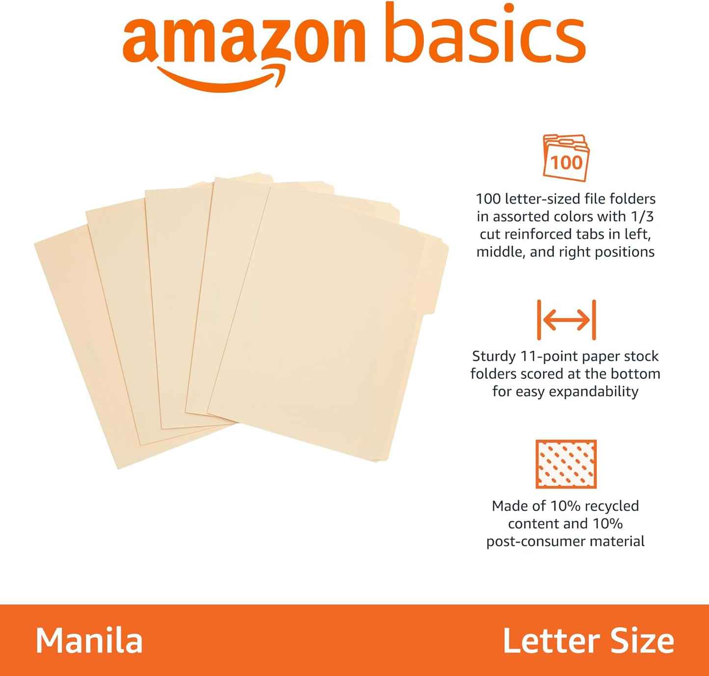 Amazon Basics File Folders with Tabs for Filing, 1/3-Cut Tab, Assorted Positions, 8.5x11 inches, Letter Size, Manila, Pack of 100