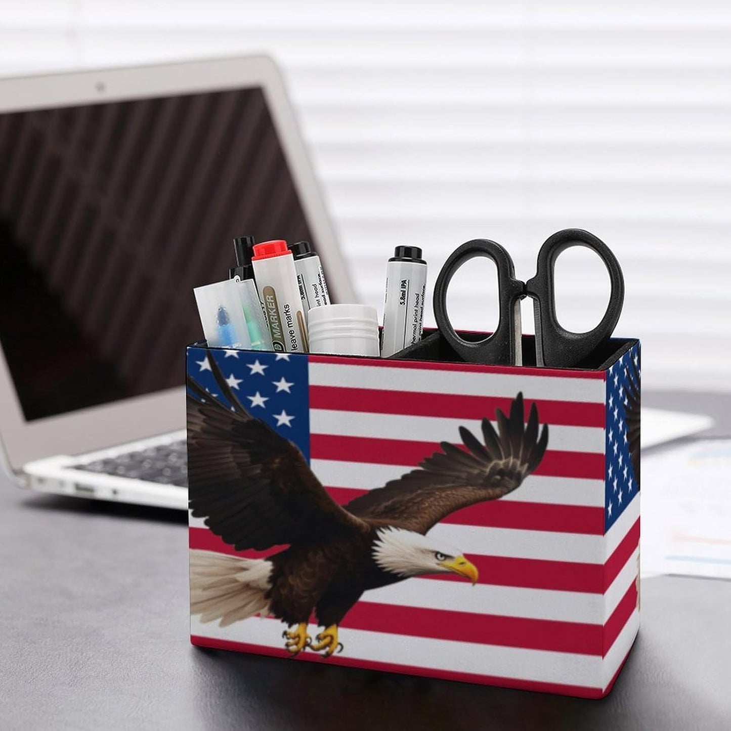 American Flag Eagles Lether Pen Holder for Desk Makeup Brush Holder Office Organizer Desk Accessory for School Office