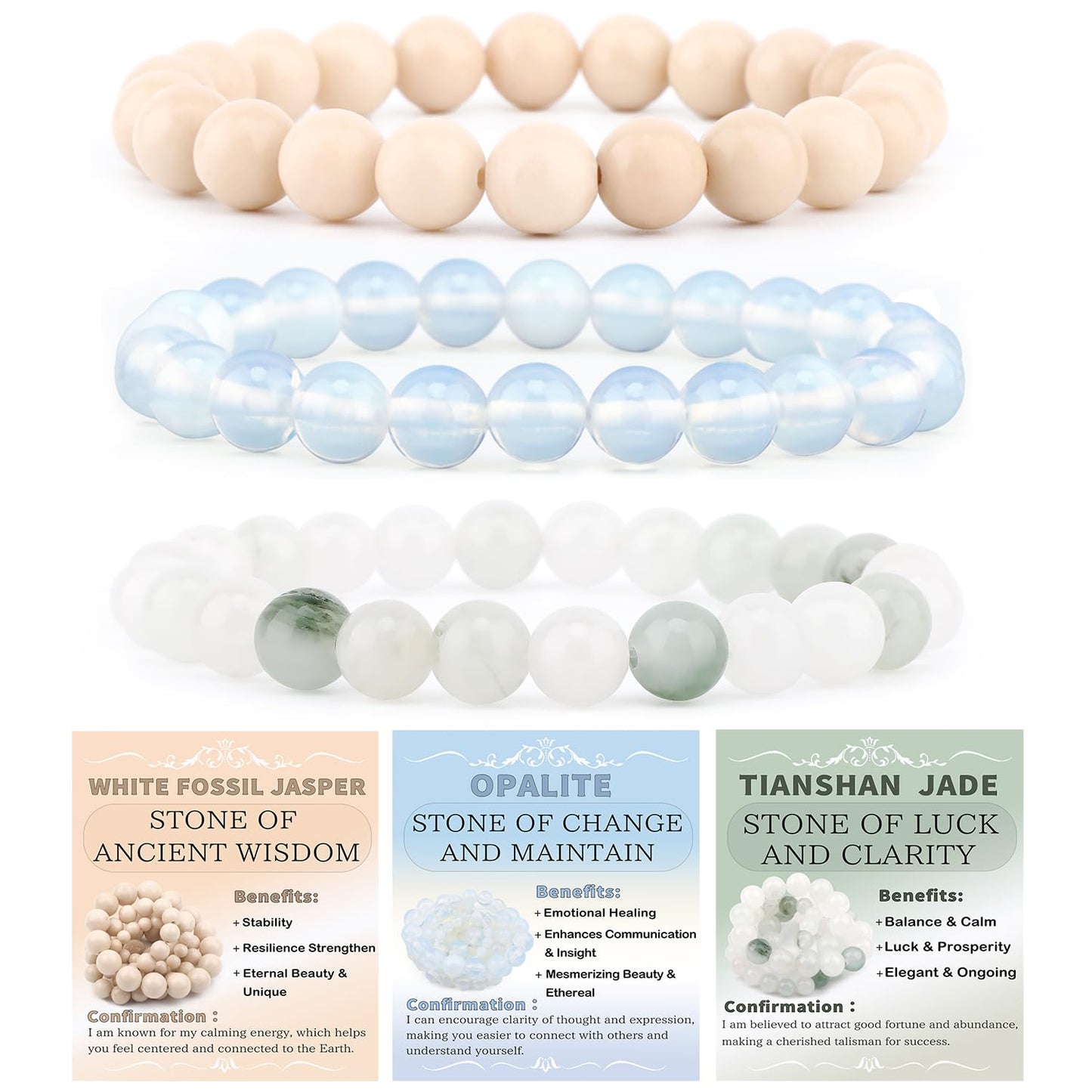 NCB 3-Piece 8mm Natural Crystal Gemstone Stretch Bracelets – ﻿Opalite, Tianshan Jade, White Fossil Jasper Handmade Reiki Energy Healing Jewelry for Meditation,Yoga, Unisex