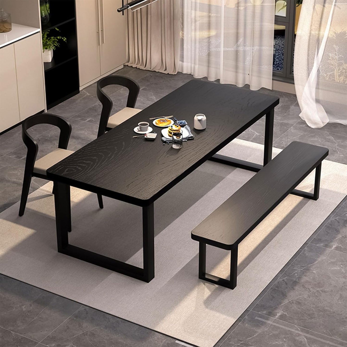 Solid Wood Dining Table for 4-8 People, 63 inch Long Farmhouse Kitchen Dining Table, Rectangular Dining Tables in The Dining Room, Kitchen, and Living Room, Black