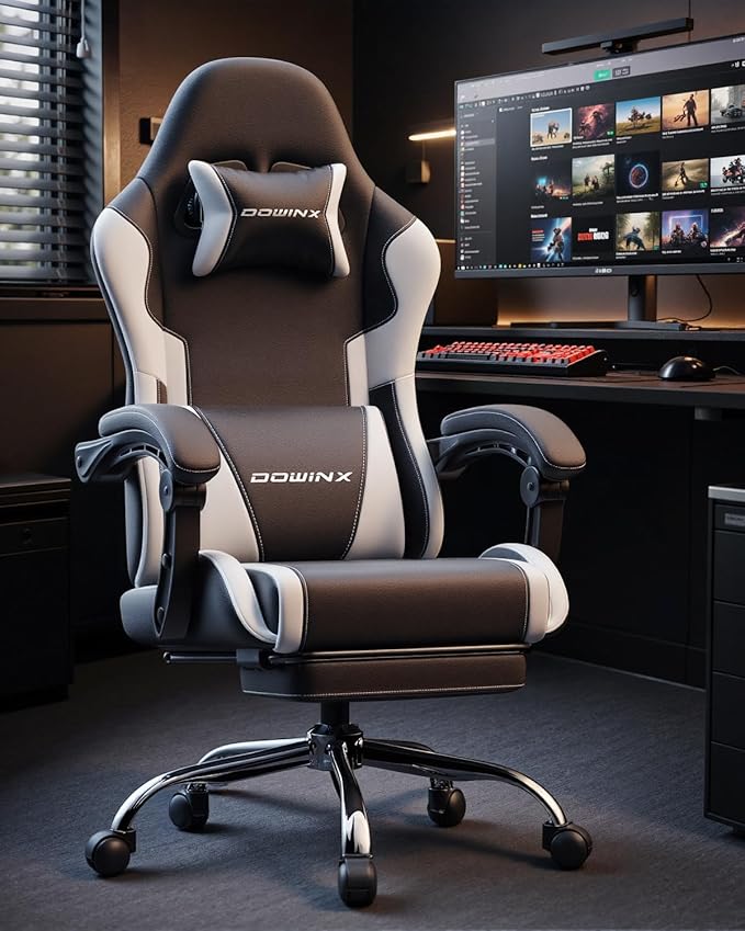 Dowinx Ergonomic Gaming Chair with Footrest & Massage Lumbar, 2D-Linkage Armrests for Computer Chair 330lbs with Headrest Pillow for Office, Home, Streaming and Long Gaming Sessions, White