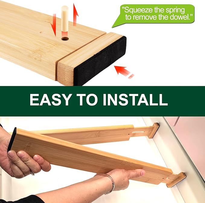 Bamboo Drawer Dividers, Adjustable Kitchen Drawer Organizers (17-22"), Expandable Utensil Drawer Organizer for Kitchen Organization, Clothes, Closet, Dresser Storage (6 Pack)