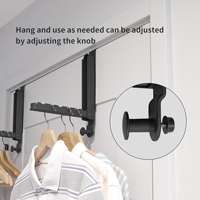 Clothes Drying Rack Foldable Fit Door up to 1 3/8" Optimal 1pc,Over The Door Hanger with Retractable Rod,Over The Door Hanger Hooks for Laundry Bathroom Bedroom Travel Hangers(Black, 1 Pack)