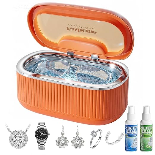 Ultrasonic Jewelry Cleaner Set with Basket/Holder - 45KHz 550ML w/Lights, 3 Powers 5 Timers & Degas Mode, 7oz Ultrasonic Cleaner Solution for Retainer, Rings, Eyeglasses, Dentures, Watches, Coins