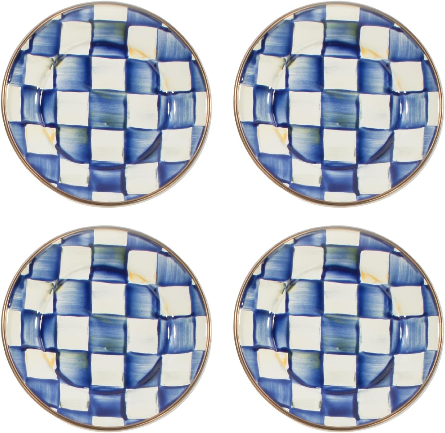 MACKENZIE-CHILDS Set of 4 Enamel Appetizer Plates, Mini Dessert Plates, 5 Inches, Blue-and-White Royal Check