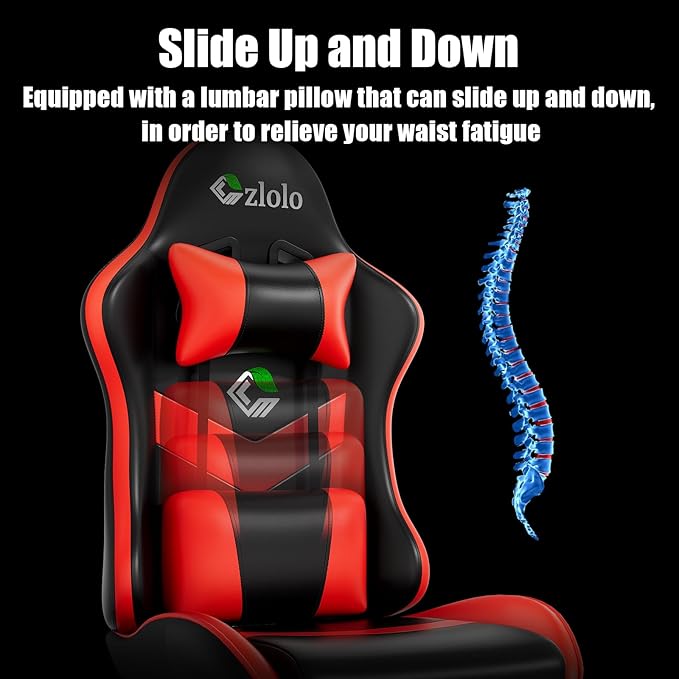 Gaming Chair with Footrest Racing Style Lumbar Support Massager Video Game Chair with Metal Legs, High Back Gamer Chair with Headrest, 360° Swivel Office Computer Desk Chair, Bright Red
