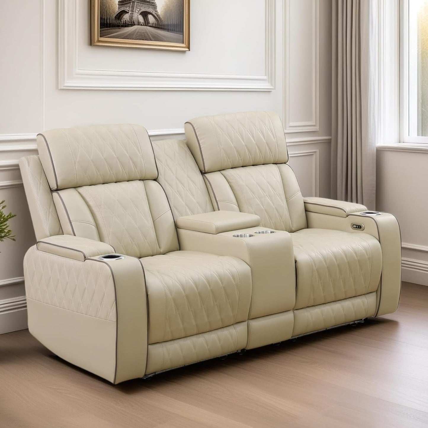 Loveseat Recliner Sofa, Reclining Loveseat Leather Couch with Storage Console, Modern Comfy Home Theater Seating Power Recliner Chair with Cup Holders for Living Room Furniture Sets, Khaki