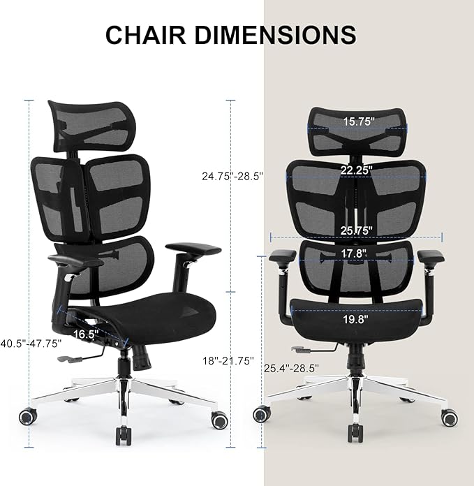 Ergonomic Office Chair High Back Executive Mesh Chairs with Adjustable Lumbar Support,Backrest,Headrest Comfy Big and Tall Computer Desk Chair with 3D Armrests for Work Gaming