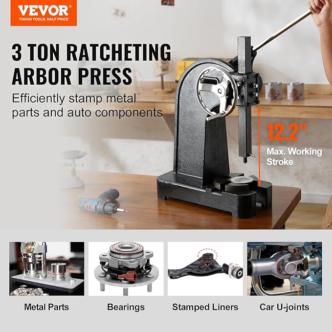 VEVOR Arbor Press, 3 Ton Ratchet Type Arbor Press, Ratchet Leverage Arbor Press with Handwheel, 12.2" Maximum Height, Cast Iron Manual Desktop Punch Press, for Stamping, Bending, Stretching, Forming