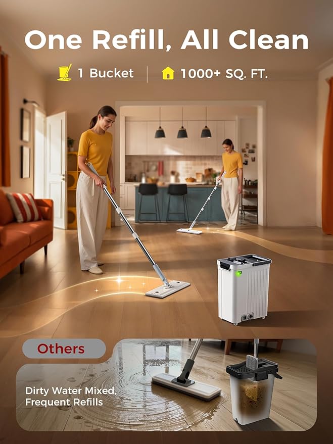 Mop and Bucket Set | Auto-Spray Cleaning | Dirty Water Separation Keep Water Fresh | Flat Mop & Bucket with Scraper | 3x Washable Pads | High-efficiency Cleaning for All Floors Tile Wall Window