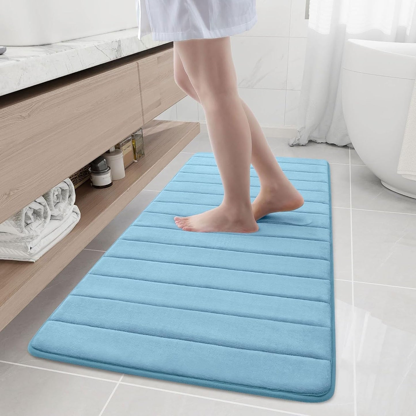 Buganda Memory Foam Bath Mat, 55" x 24", Ultra Soft and Non-Slip Bathroom Rugs, Water Absorbent and Machine Washable Bath Rug Runner for Bathroom, Shower, and Tub, Blue