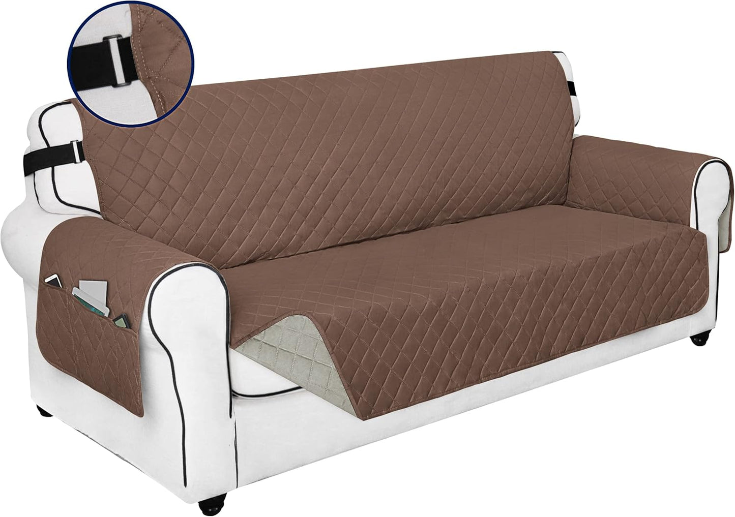 PureFit Reversible Sofa Couch Cover Water Resistant Couch Covers for 3 Cushion, Washable Furniture Cover with Non-Slip Foam and Adjustable Strap for Dogs, Pets (Oversized Sofa, Brown/Beige)