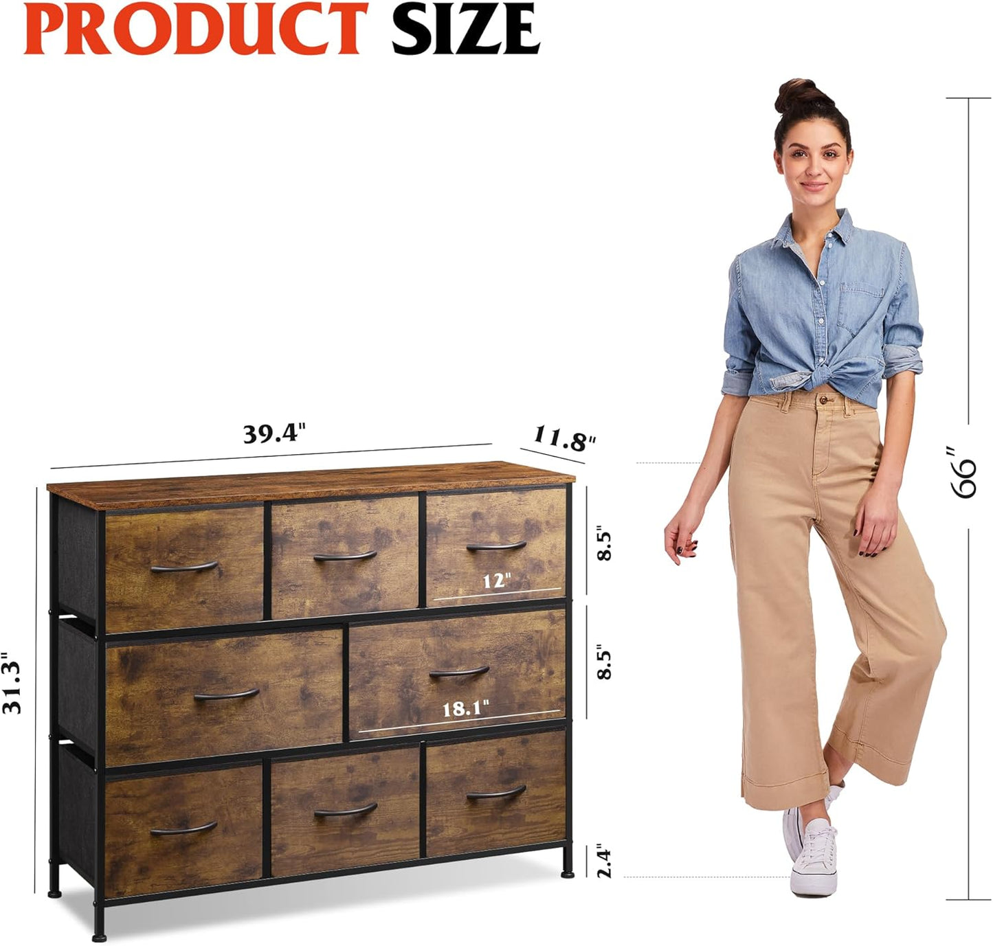 WLIVE 8 Drawer Dresser for Bedroom, Fabric Dresser with Large Storage Drawer Unit for Entryway, Chest of Drawers for Living Room, Rustic Brown