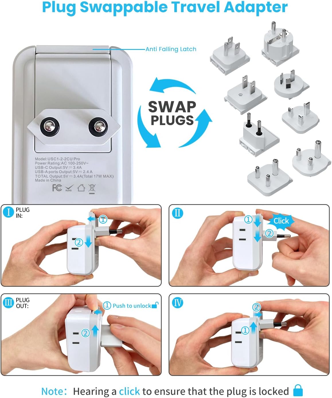 VINTAR Universal Travel Adapter Kit, International Power Adapter with 4 AC and 3 USB Ports(2 USB C), Type A,B,C,D,E/F,G,I,M Detachable Attachments, Travel Adapter Worldwide for India/Africa/Europe/UK