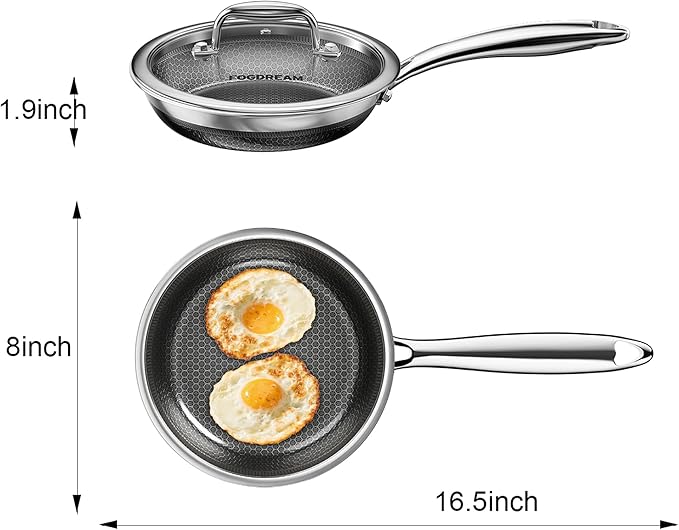 FogDream 8 Inch Non Stick Frying Pans, Stainless Steel Skillet with Tempered Glass Lid Tri-Ply Stainless Steel for All Cooktops, Dishwasher & Oven-Safe Cooking Pan, Stay-Cool Handle, Silver