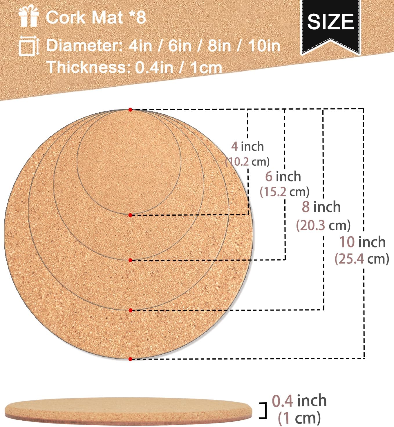 Cork Plant Coasters, 4 Sizes Double Layers Hard Thick Planter Coaster, 4/6/8/10 Inch Absorbent Mats, Cork Trivets for Hot Dishes, Coasters for House Plants, 8 Pcs