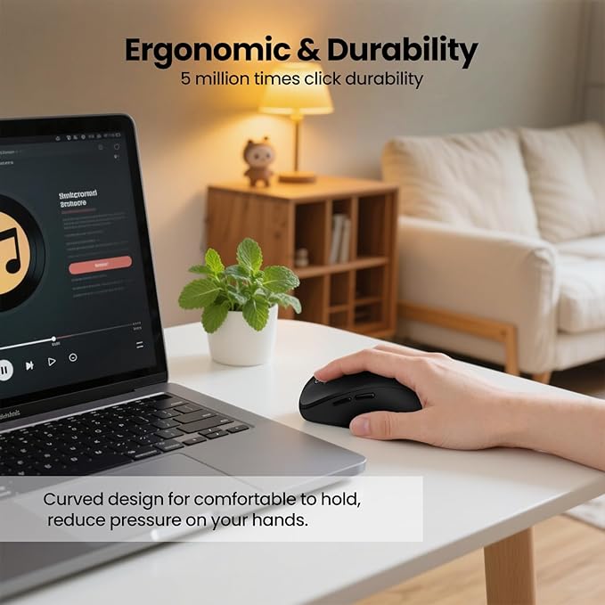 Full-Size Silent Wireless Mouse, 2 Bluetooth + 1 USB Multi-Mode, 4-Way Scrolling, Adjustable DPI, Side Buttons, Long Battery Life, Compatible with Laptop/Tablet/MacBook/iPad
