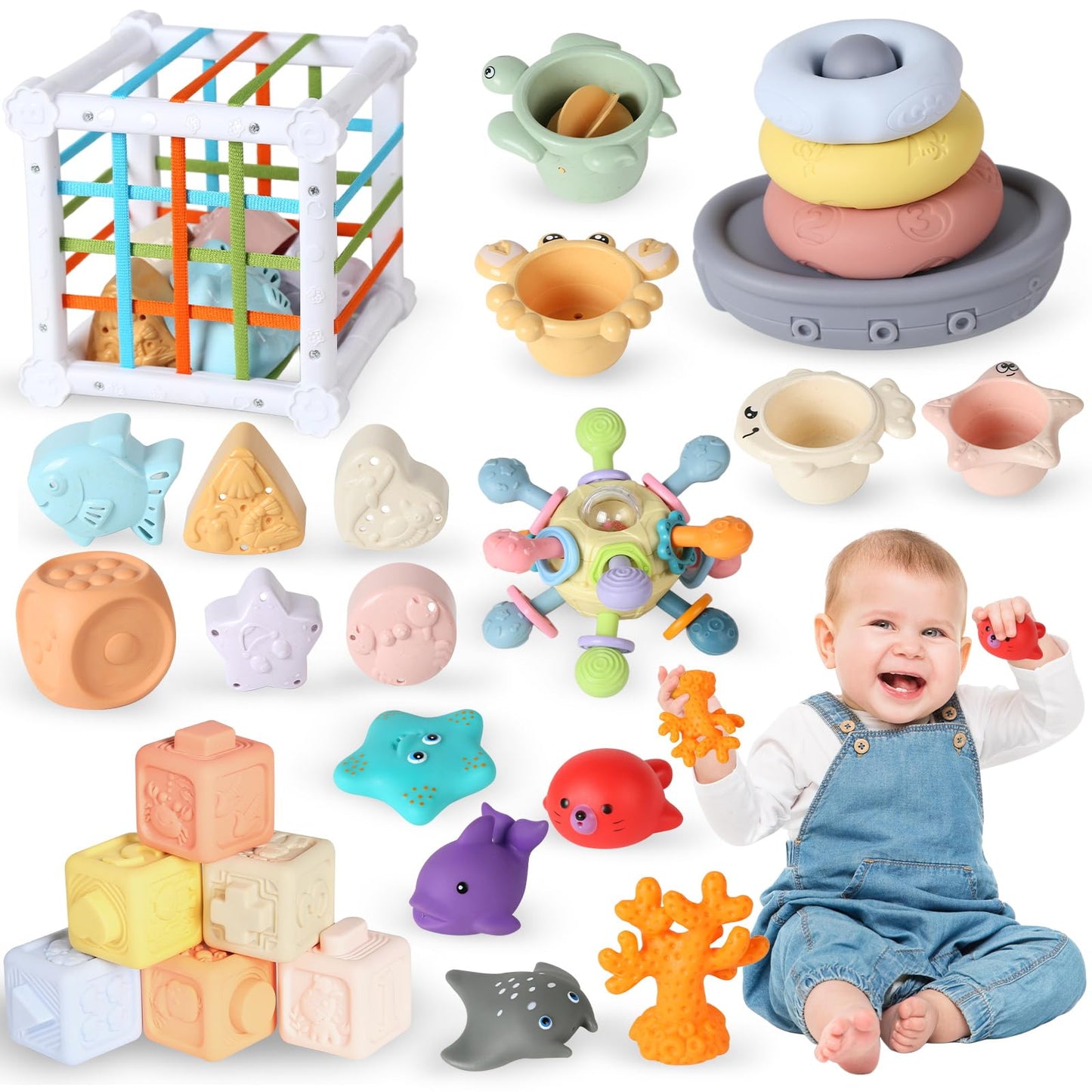 7-in-1 Montessori Baby Toys with Shape Sorter Sensory Bin, Stacking Cups, Soft Sea Animal Toys for 6-12-18 Months, Fun Bath Time Learning Developmental Toys Gifts for 1 2 3 Year Old Girls Boys