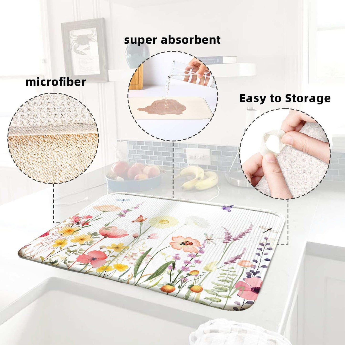 Blue Floral Spring Large Dish Drying Mat for Kitchen Counter 18x24 Microfiber Absorbent - Foldable, Non-Slip, Compact Kitchen XL Drying Mats for Dishes, Countertops, and Cookware
