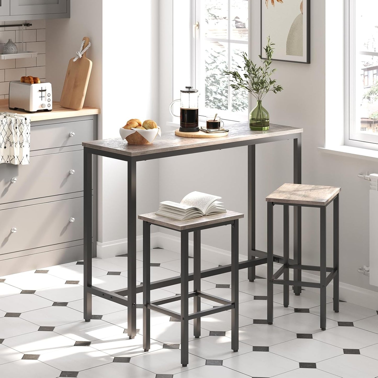 HOOBRO Bar Table and Chairs Set, 47.2” Rectangular Pub Table with 2 Stools for Small Space, High Top Table, 3-Piece Breakfast Table Set, Sturdy Metal Frame, Easy to Assemble, Greige BG52BT01