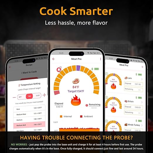 Meat Thermometer Digital Wireless, Long-Range BBQ Thermometer with 4 Probes, Dual Sensors for Perfect Grilling & Smoking - Black