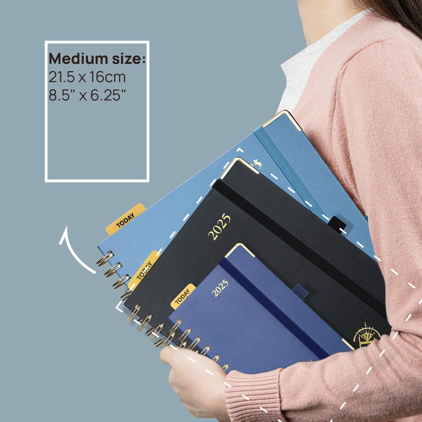 POPRUN 2025 Planner (Medium Size 8.5'' x 6.25'' Wire-Bound Hard Cover) Daily Weekly and Monthly Calendar - Agenda 2025 with Hourly Schedule & Vertical Weekly Layout, Monthly Tabs - Haze Blue
