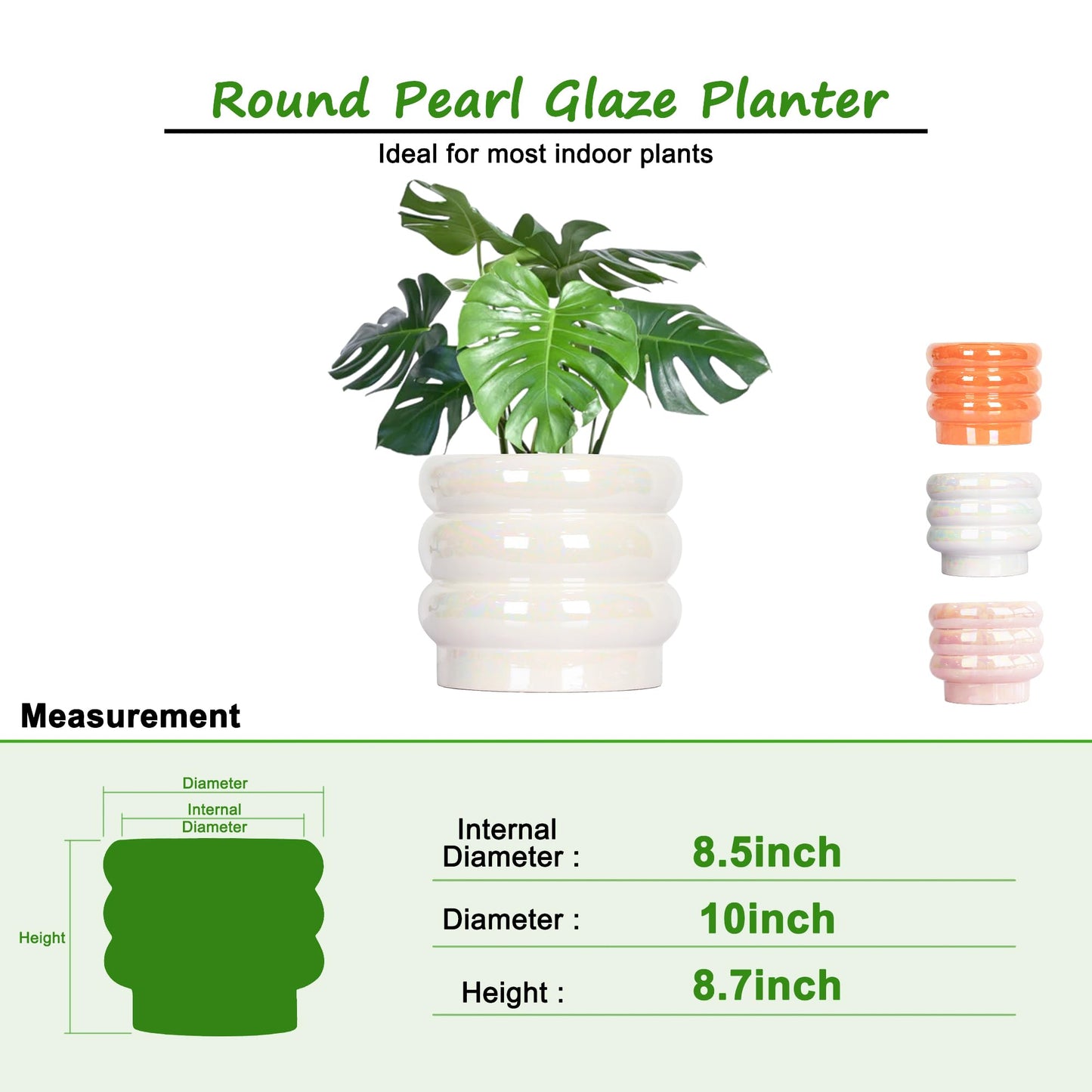YFFSRJDJ 10 inch Ceramic Plant Pots for Indoor Plants, Rainbow Pearl Glaze Planter with Planters for Plants with Drainage Hole, Orchid Pots, Succulent Pot, Large Flower Pot (White)