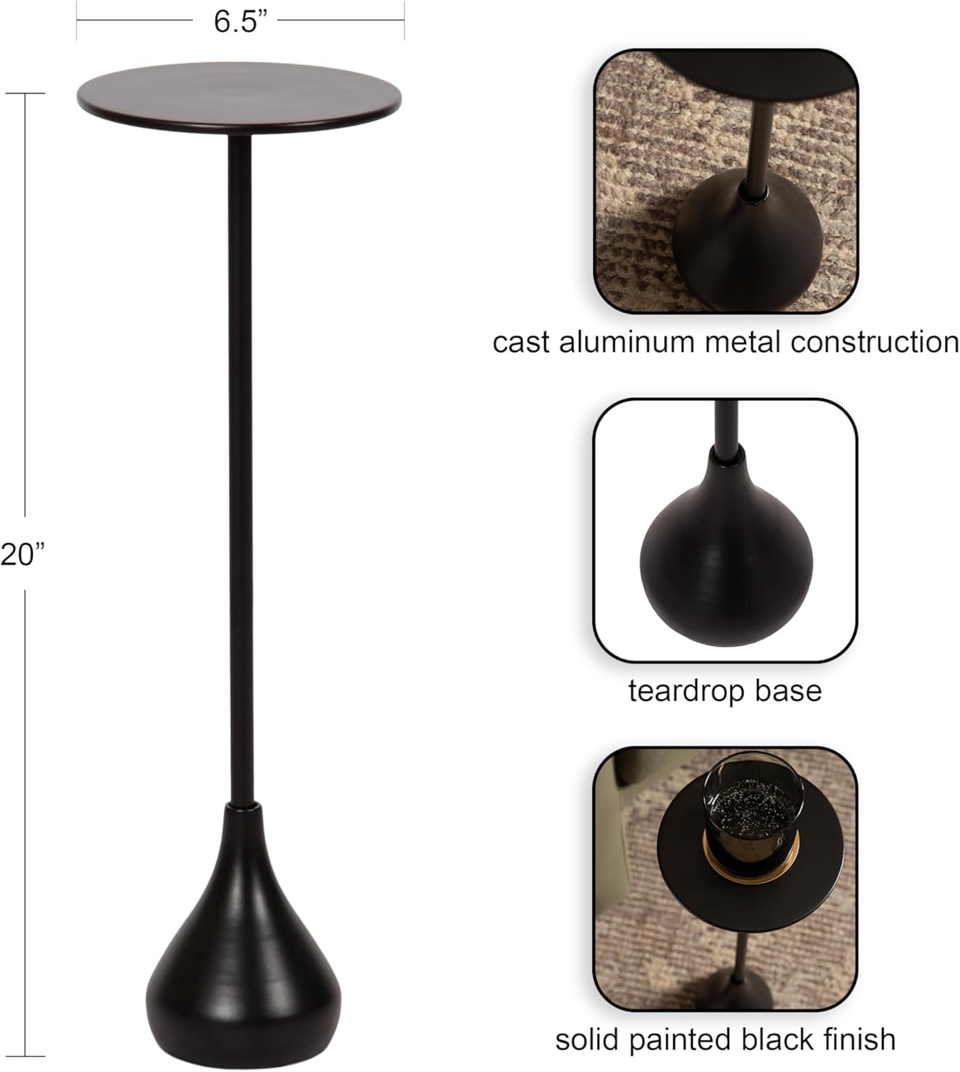 Kate and Laurel Hersi Decorative Modern Pedestal Drink Table; 7 x 7 x 20; Black; Cast Aluminum Mini Table with Teardrop Base for Use as Small Plant Stand or Living Room Martini Table