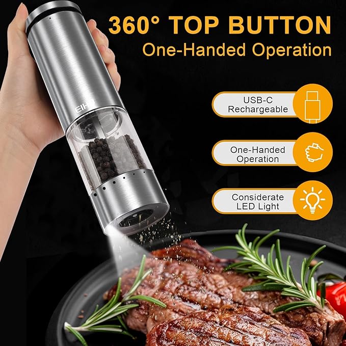 Electric Salt and Pepper Grinder Set Rechargeable, External Adjustable Coarseness, Automatic Salt & Pepper Shakers Mills, Kitchen Gadgets,Stocking Stuffers Christmas Cooking Gifts for Adults Men Women