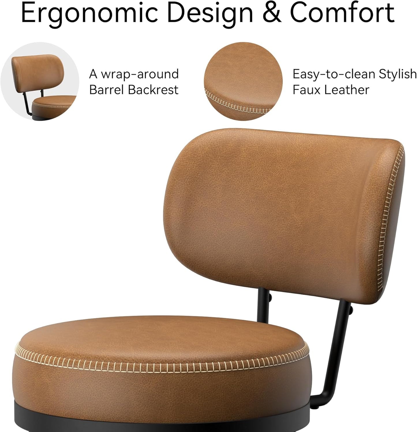 Counter Height Bar Stools, 26" H Swivel Barstools Set of 4, Faux Leather Kitchen Counter Stools with Back and Stylish Stitching, Metal Frame, Pub, Home Bar, Whisky Brown