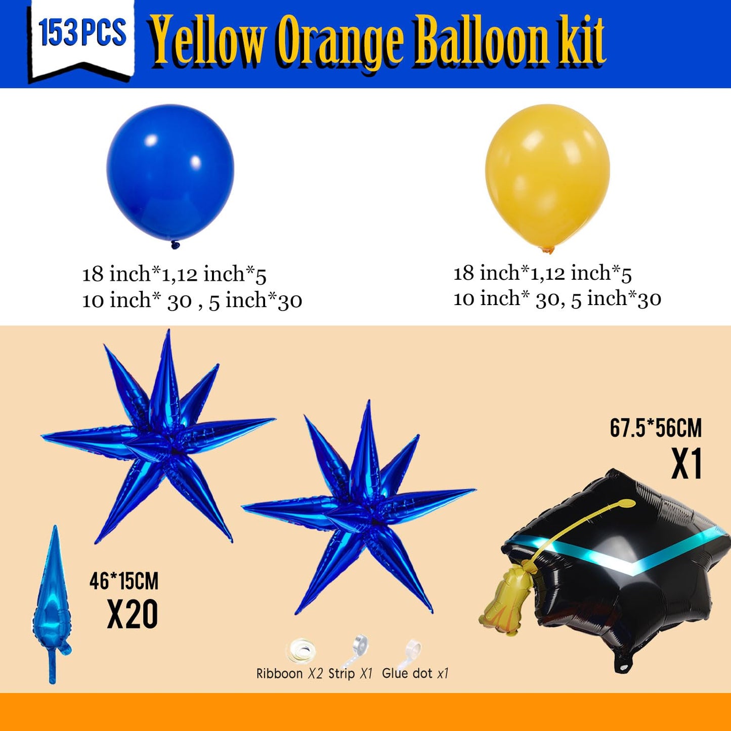 kozee royal blue and yellow balloon garland arch kit 150+pcs with graduation cap Blue star mylar balloons for Men birthday 2026 Graduation Ceremony Prom decorations