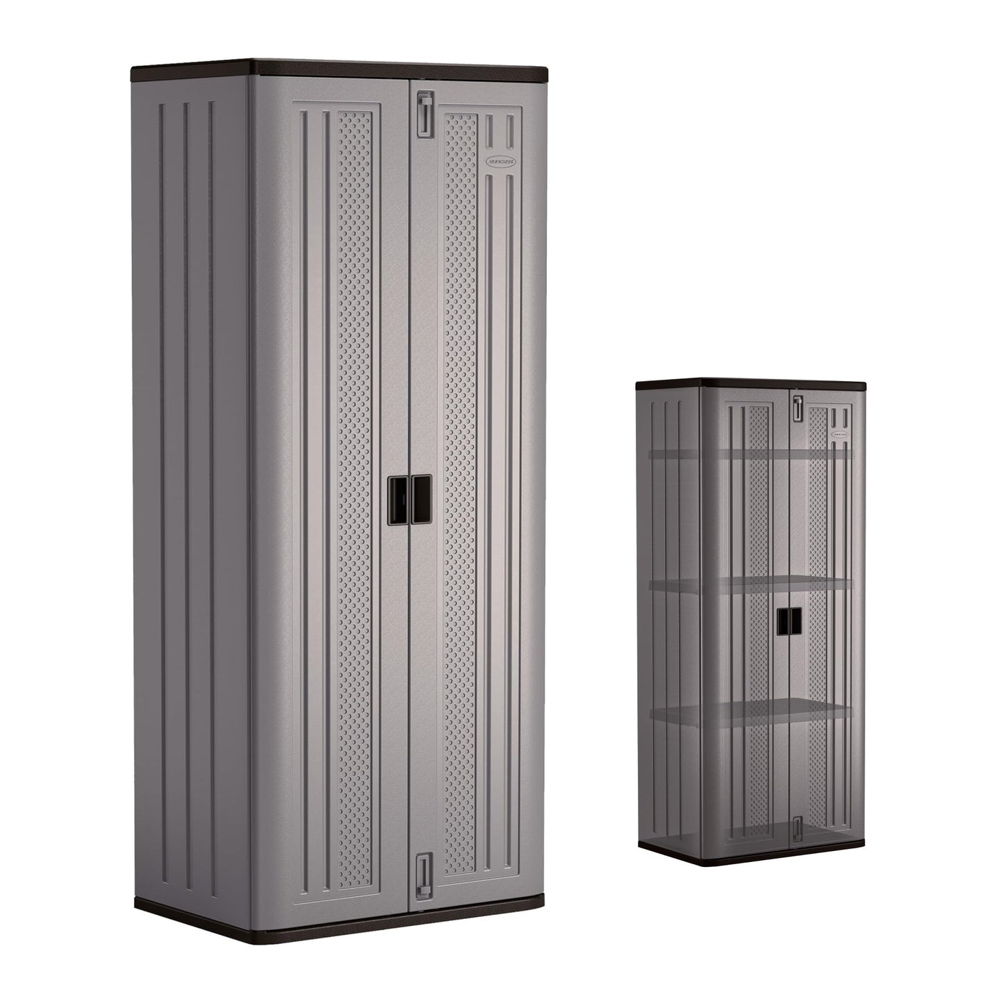 Suncast Tall Storage Cabinet, Platinum Resin Garage Storage Cabinet with Doors & Shelves, Plastic, Lockable, Freestanding Utility Closet for Tools & Supplies, Made in USA