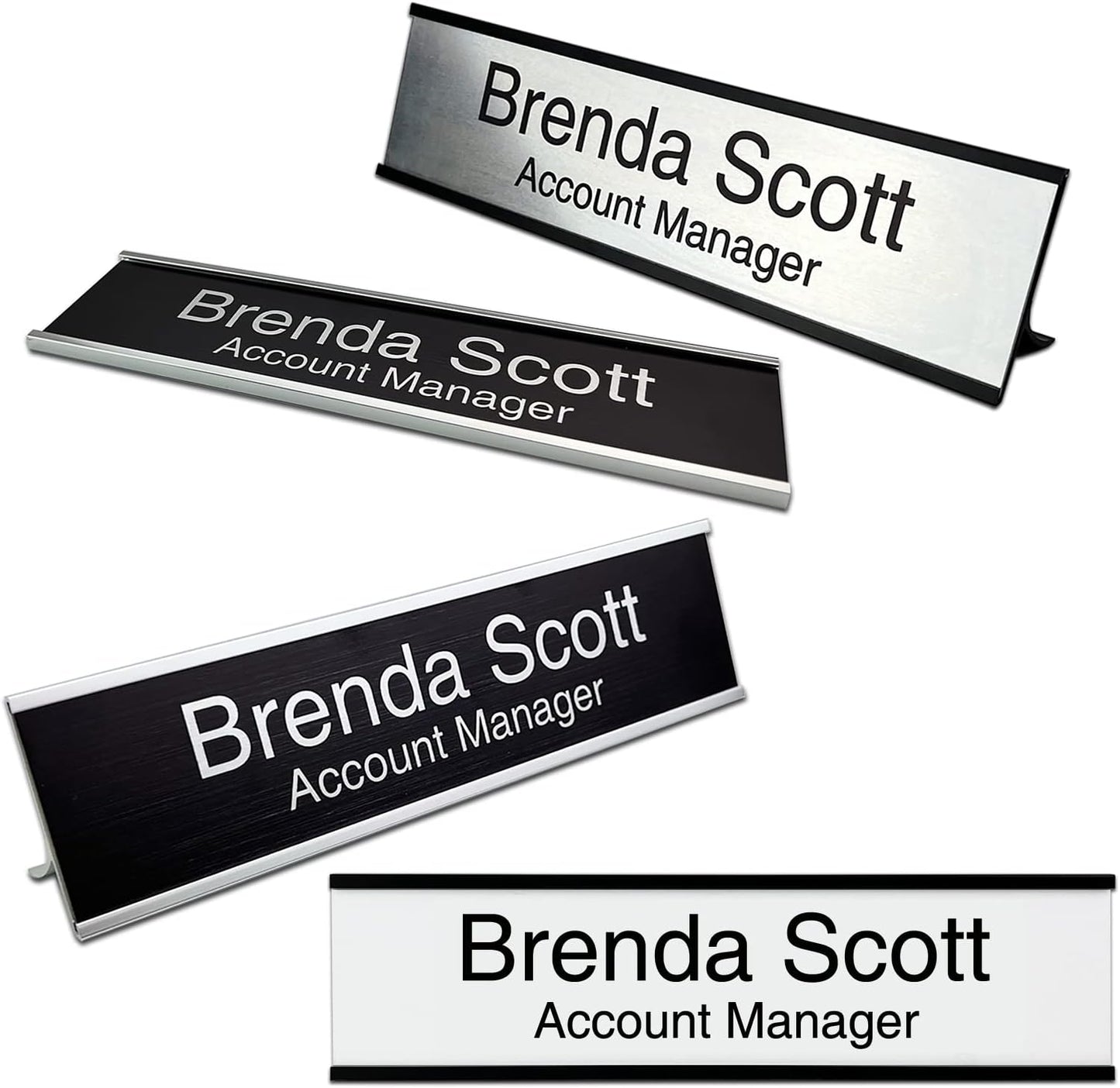 2" x 10" Personalized Aluminum Name Plates, Custom Office Desk or Wall Name Plates with Two Lines of Custom Texts, Three Name Plate Colors Silver, White, Black, Holders are Optional
