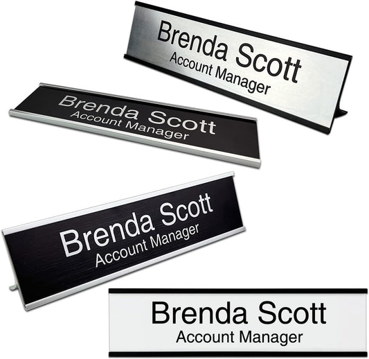 2" x 10" Personalized Aluminum Name Plates, Custom Office Desk or Wall Name Plates with Two Lines of Custom Texts, Three Name Plate Colors Silver, White, Black, Holders are Optional