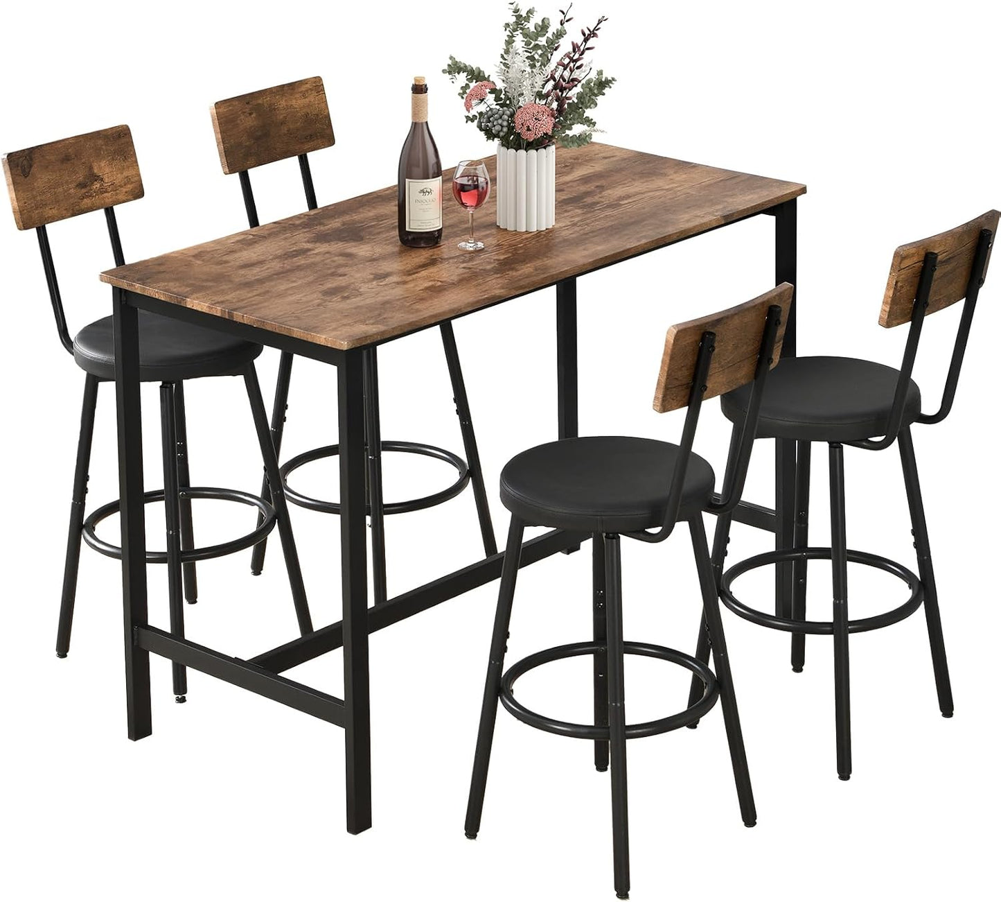 Dining Table Set for 4, 5-Piece Bar Table Set, Kitchen Table and Chairs, Counter Height High Top Table with 4 PU Upholstered Stools, Space-Saving Pub Table Sets for Small Space, Brown