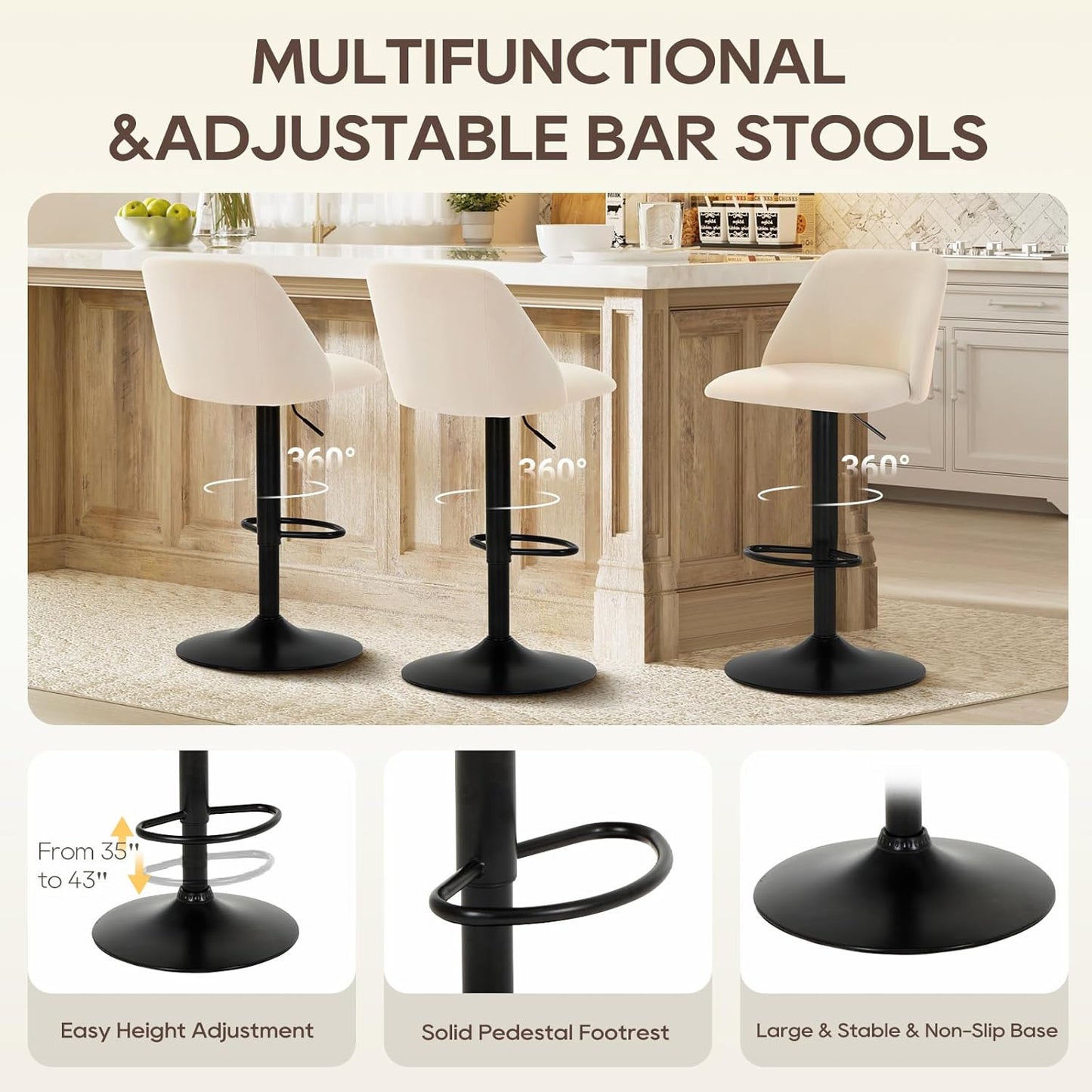 COLAMY Bar Stools Set of 6, Modern Swivel Bar Chairs, Adjustable Upholstered Barstools Counter Height with Full Backrest for Bar, Dining Room, Kitchen Island, Beige