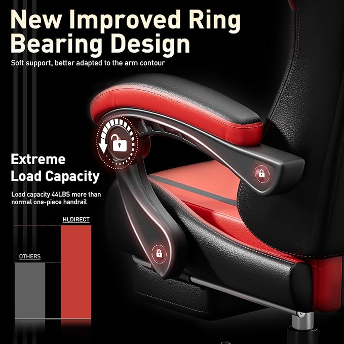 HLDIRECT Gaming Chair, Ergonomic Video Game Seat with 360° Swivel & Lumbar Massage, Computer Chair PU Leather Cushion for Adults Home/Office Use (Black & Red)