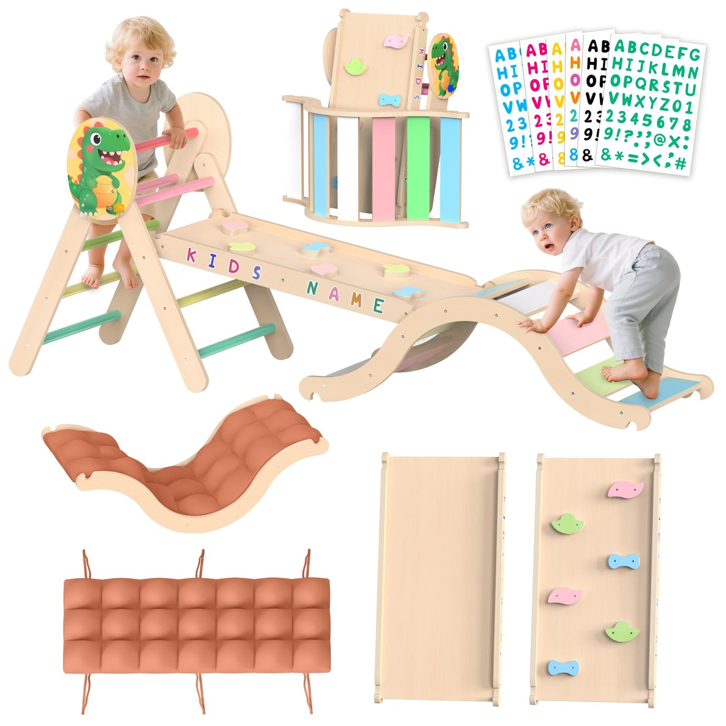 Acenova Pikler Triangle Climbing Set with Cushion and DIY Name Stickers, Montessori Wooden Climbing Gym for Toddlers, Indoor Jungle Gym, Dinosaur Pikler Triangle Arch Ramp Climber Toy