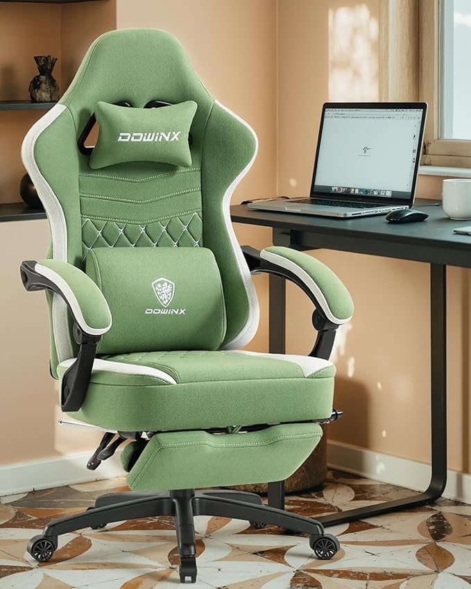 Dowinx Gaming Chair with Footrest, Breathable Fabric Gamer Chair with Gel Pad and Storage Bag, Ergonomic Office Chair with Lumbar Support for Home Task, Green