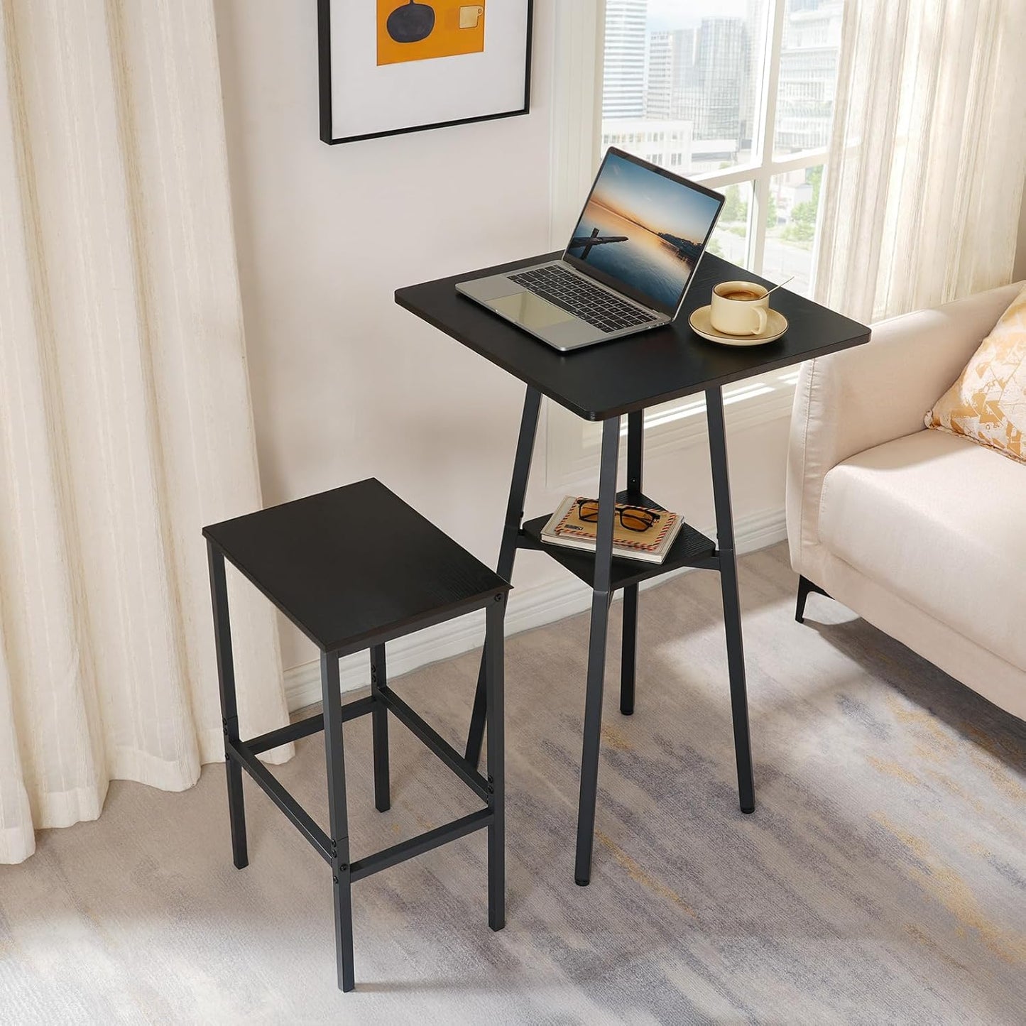 HOOBRO Bar Table, 2-Tier High Top Pub Table, Counter Height Table with Storage, Small Kitchen Dining Table, 36.6" High Bar Table for Living Room Party, Easy to Assemble, Black BB51BT01