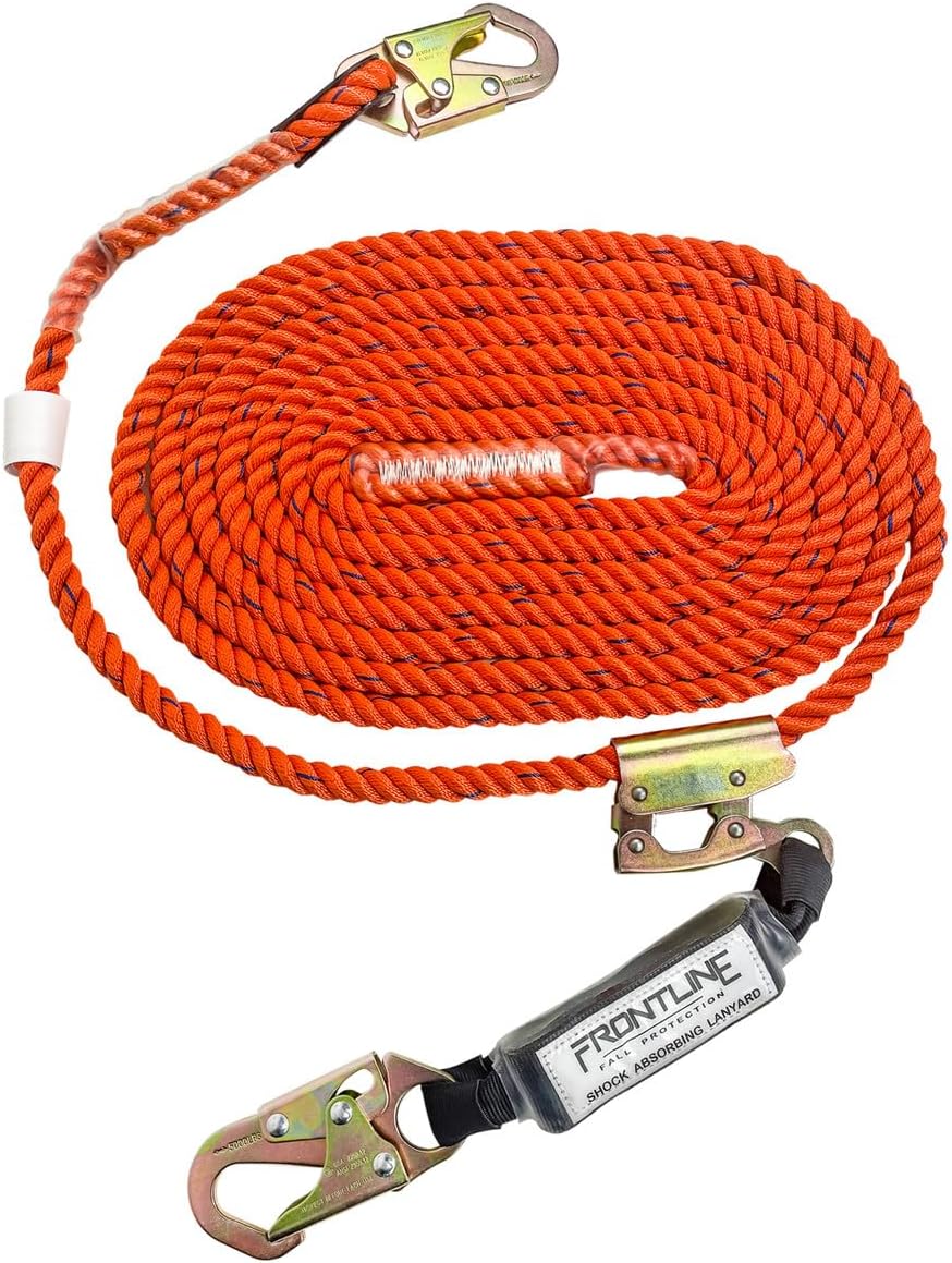Frontline VLP100R3L Premium Vertical Lifeline with Openable Rope Grab 100' and Shock Pack | High Tenacity Polyester Material | Double Locking Closing Mechanism | OSHA & ANSI Compliant