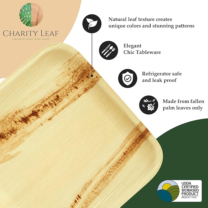 Charity Leaf Compostable 10" Square Palm Leaf Dinner Plates (50-pack) | Premium, 100% Natural, Disposable, Heavy Duty | Perfect for Parties, Weddings & Catering Events