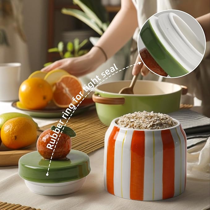 Cookie Jars with Lid Airtight, Hand Painted Orange Ceramic Food Storage Containers with Lids for Home Decor and Kitchen Countertops, For Coffee, Spices, Sugar, Tea, Salt, Honey, Candy, Nut