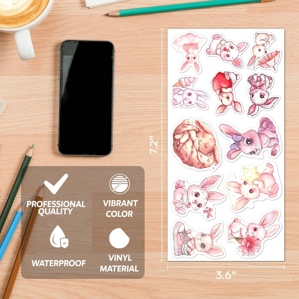 Cute Pastel Bunny Stickers Pack 108Pcs Vinyl Rabbit Decals for Kids Teens Scrapbooking Journaling DIY Phone Case Water Bottle Laptop Skateboard Bedroom Hat Bike