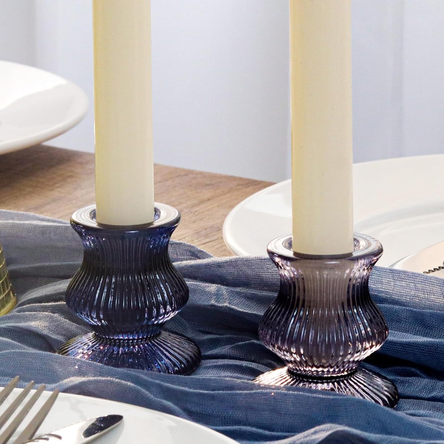 WDHODEC Christmas Taper Candle Holders 12PCS Glass Candlestick Holders for Table Centerpiece Colorful Candle Sticks for Wedding, Party and Winter Decoration(Blue&Green)